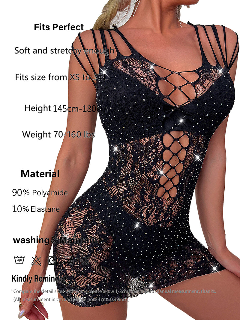 Sexy Fishnet Rhinestone Lingerie Dress Shapewear