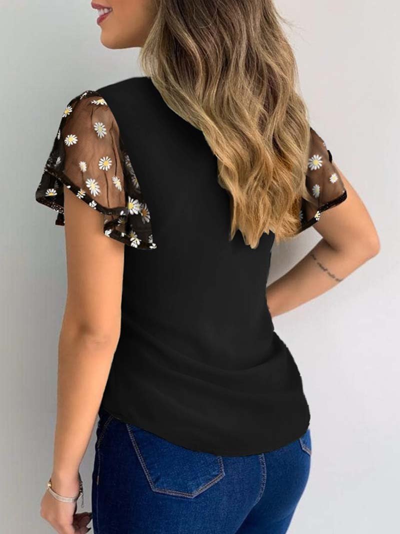 Flower Embroidered Ruffled Short Sleeve T-shirt