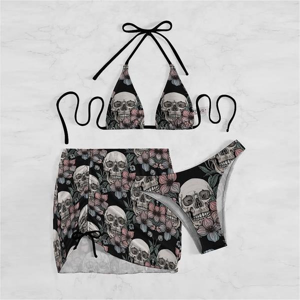 Maillot de bain bikini sexy imprimé tête de mort florale