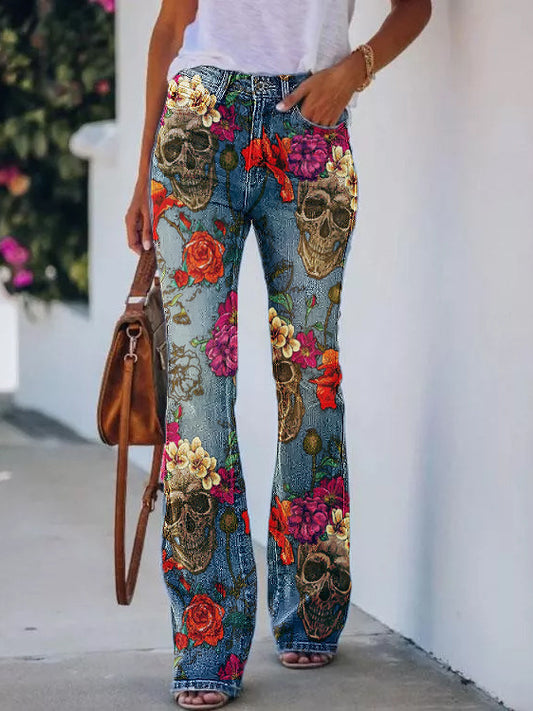 Pantalon décontracté imprimé floral tête de mort 