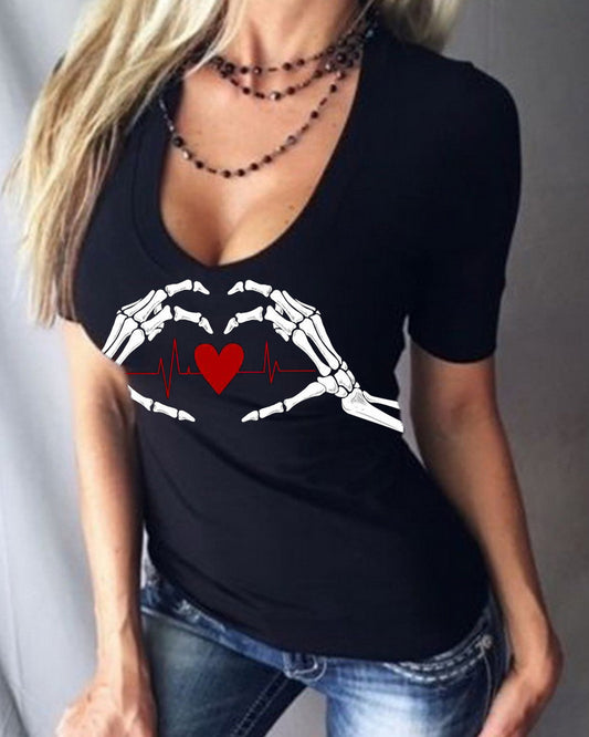 Sexy T-Shirt mit V-Ausschnitt und kurzen Ärmeln und Totenkopf-Hand-Love-Aufdruck