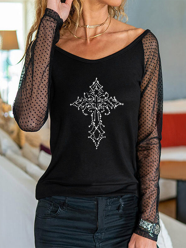 Gothic Cross Rhinestone Print round Collar Gauze Raglan Long Sleeve T-shirt
