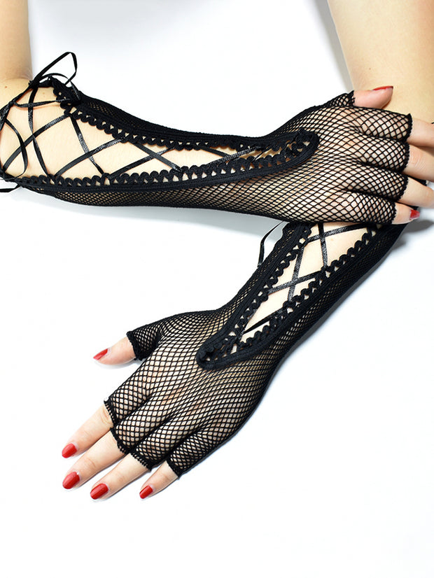 Sexy Fishnet Lace-Up Half Fingers Gloves