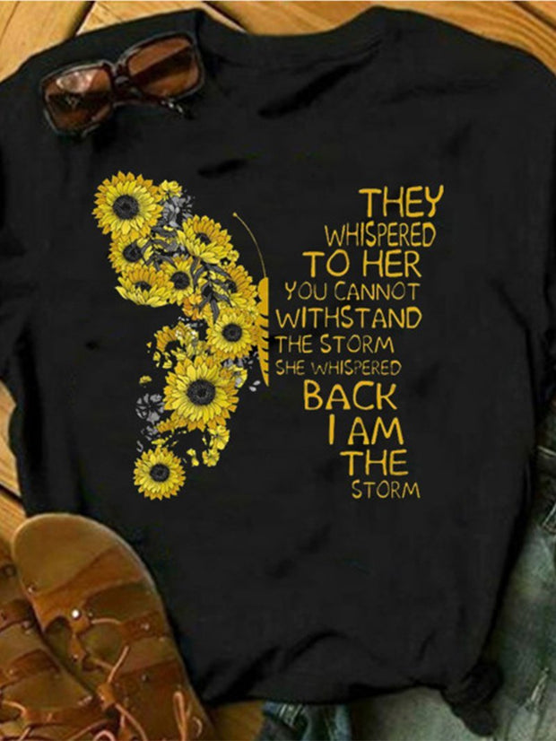 Kurzärmliges T-Shirt mit Sonnenblumen-Schmetterlings-Buchstaben-Aufdruck 