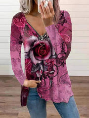 Langärmliges T-Shirt mit V-Ausschnitt, Reißverschluss und Rosenblüten-Print 