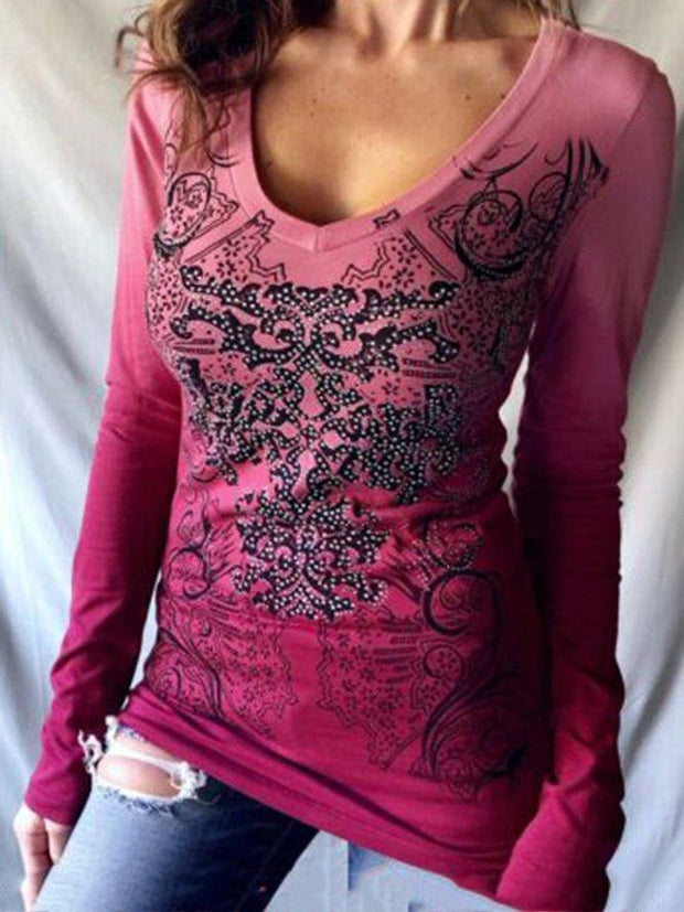 Pink Sexy Gothic Print Slim Long Sleeve T-shirt