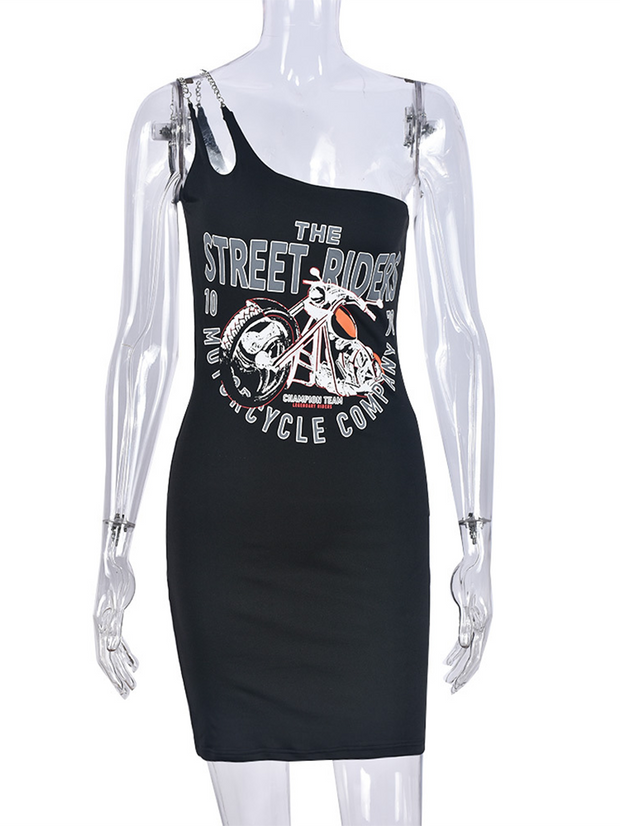 Sexy Diagonal Collar off-Shoulder Motorcycle Printing Slip Dress