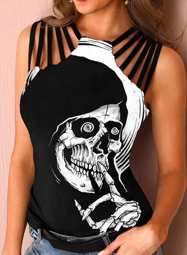 Sexy Vortex Skull Print Hollow-out Diagonal Striped Neckline Vest