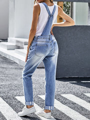 Jeans-Latzhose mit geradem Bein und Rissen 