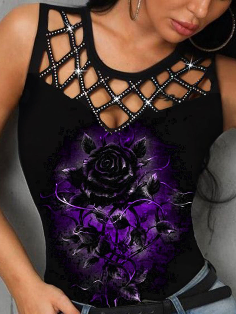 Hollowed Out Dark Rose Printed Tank Top