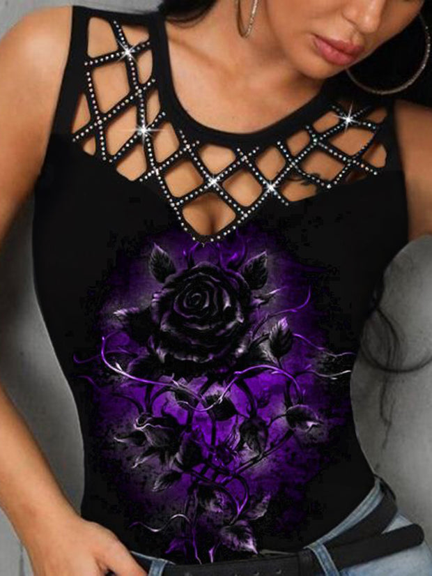 Hollowed Out Dark Rose Printed Tank Top
