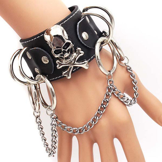 Bracelet en cuir avec chaînes de crâne punk 