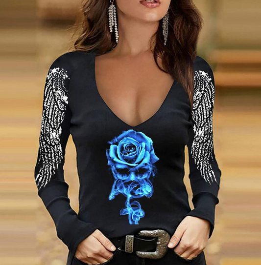 Rose Skull Wings V Neck Long Sleeve T-Shirt