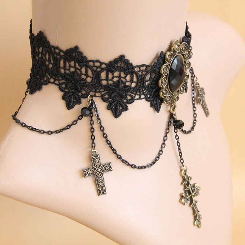 Crosses Rhinestone Lace Choker Necklace