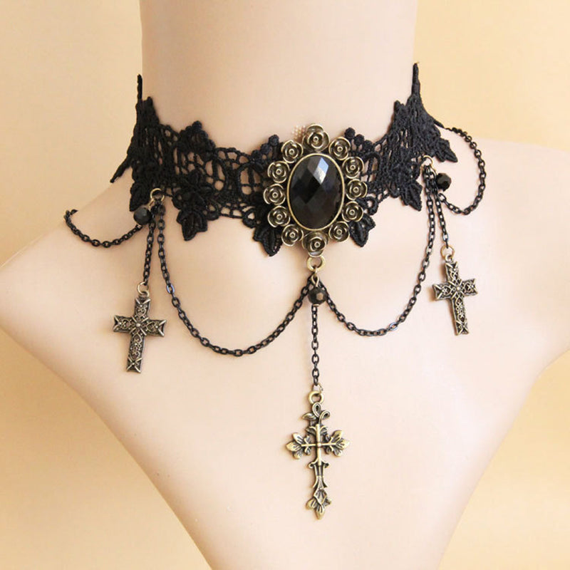 Crosses Rhinestone Lace Choker Necklace