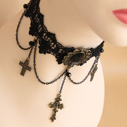 Crosses Rhinestone Lace Choker Necklace