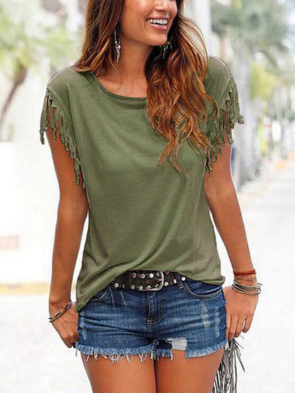 Round Neck Tassels T-shirt