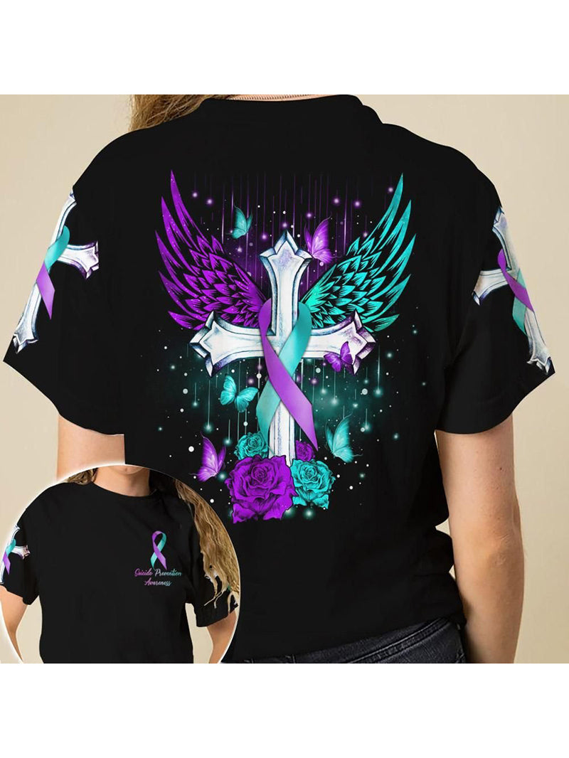 Ribboned Cross Printed Casual T-Shirt