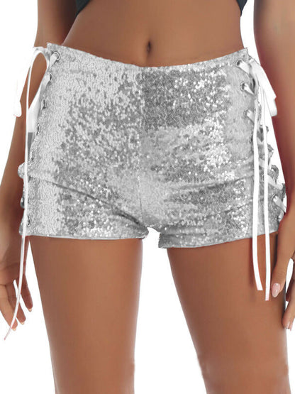 Women's High Waist Sexy Lace-up Hollow Sequin Shorts