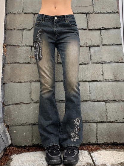 Retro Low Rise Embroidery Bootcut Jeans