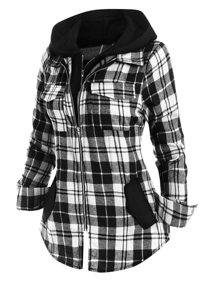 Plaid pocket hooded long-sleeved jacket