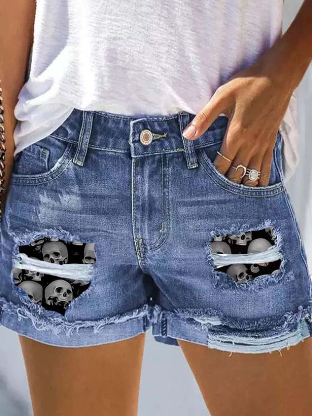 Ripped Skull Print Denim Shorts