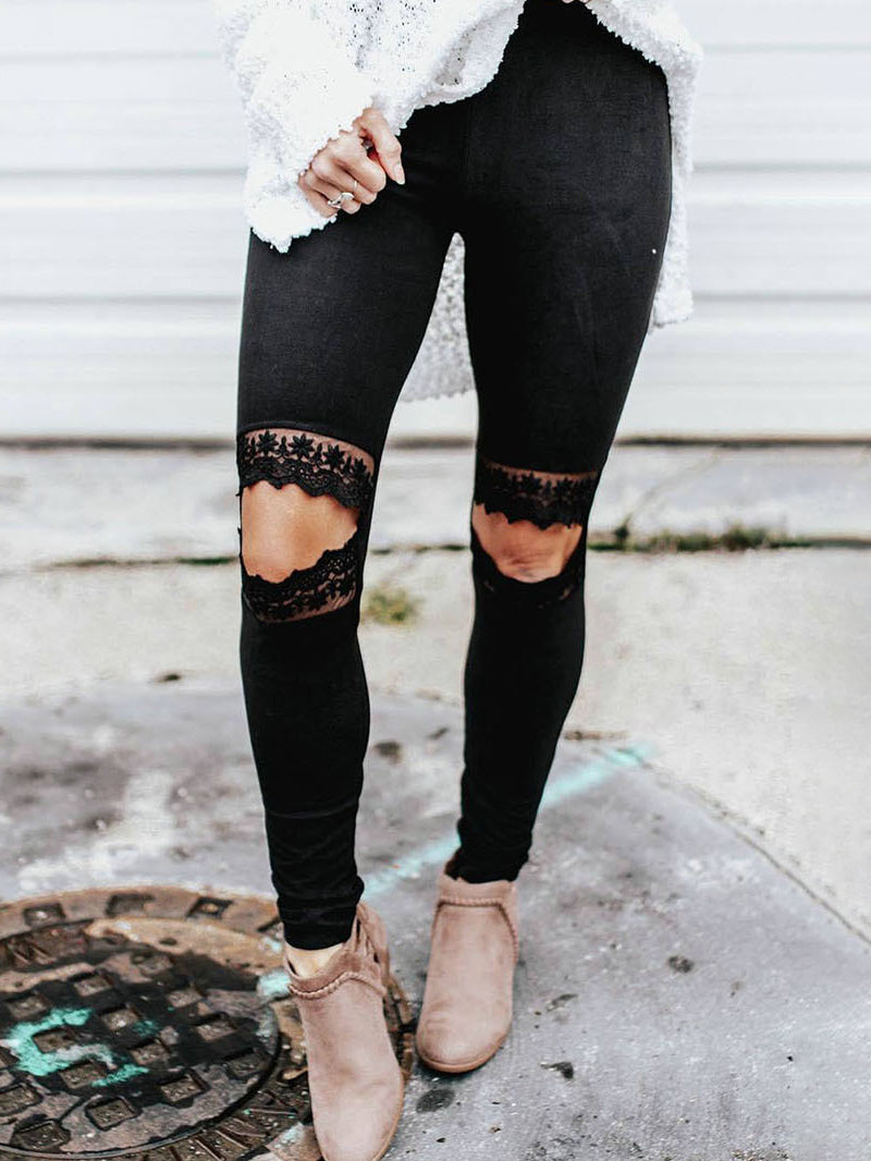 Sexy Solid Color Lace Ripped Leggings