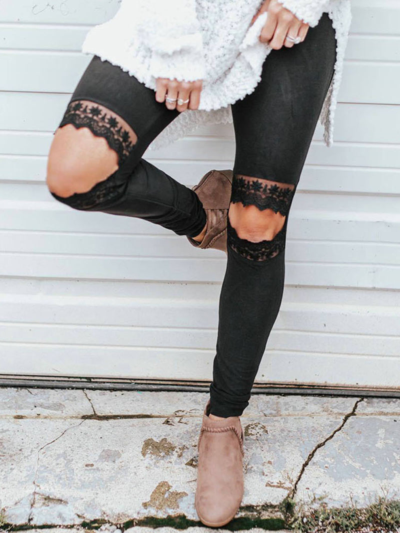 Sexy Solid Color Lace Ripped Leggings