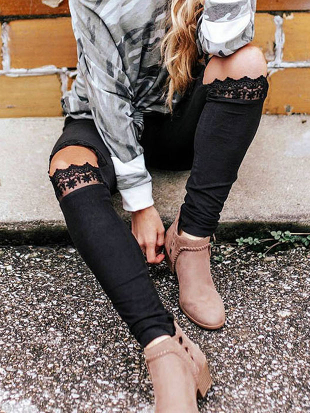 Sexy Solid Color Lace Ripped Leggings