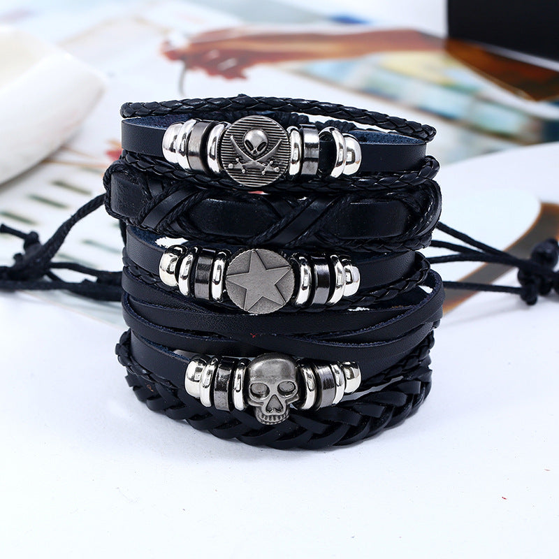 Cowhide Braided Skulls Bracelets Set