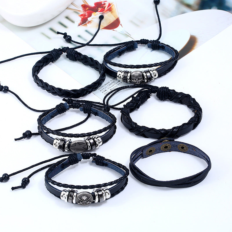 Cowhide Braided Skulls Bracelets Set