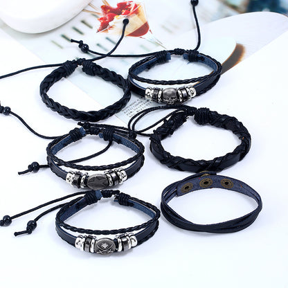 Cowhide Braided Skulls Bracelets Set