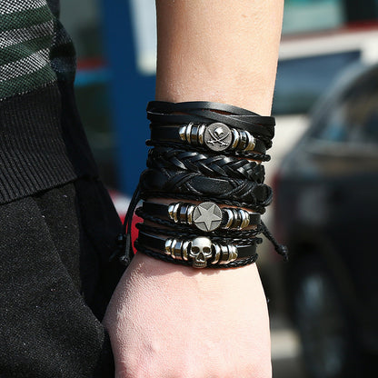 Cowhide Braided Skulls Bracelets Set