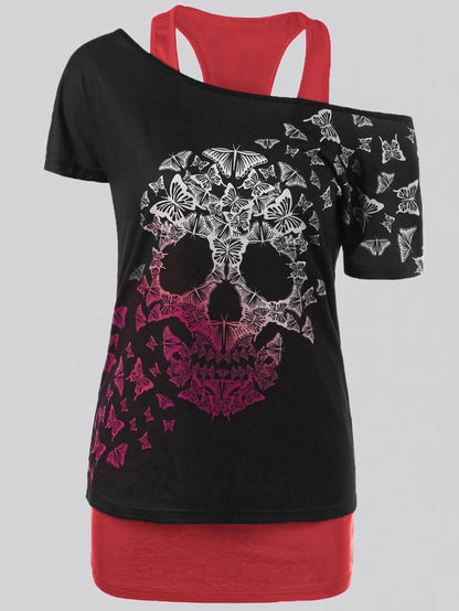 Cold Shoulder Skull Printed Casual T-Shirt