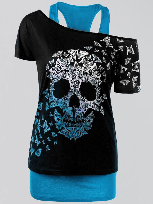 Cold Shoulder Skull Printed Casual T-Shirt