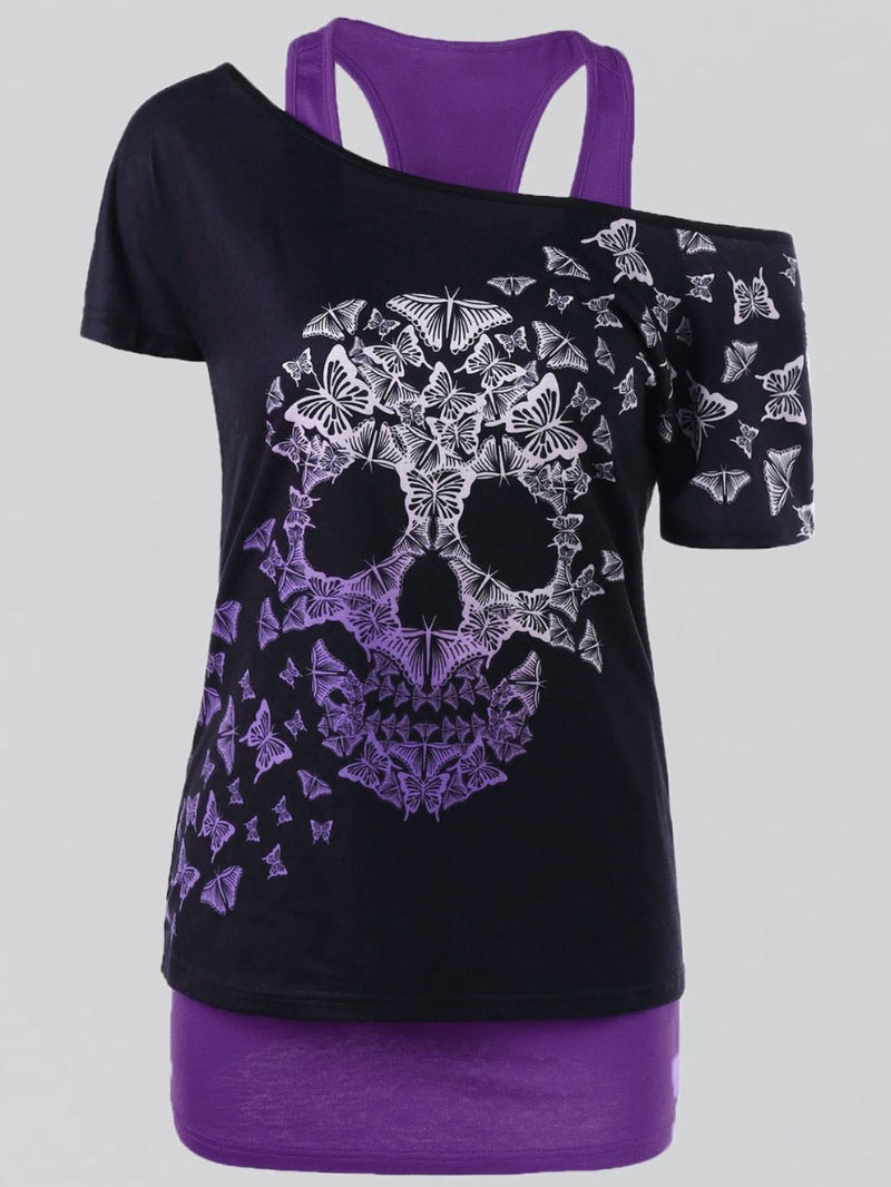 Lässiges T-Shirt mit Cold Shoulder und Totenkopf-Print 