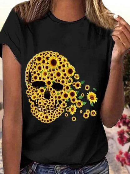 Short Sleeve Sunflower Skull Printed T-shirt