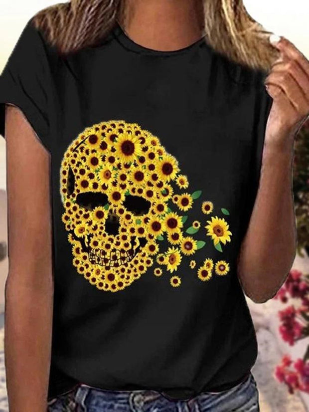 Kurzärmliges T-Shirt mit Sonnenblumen-Totenkopf-Aufdruck 