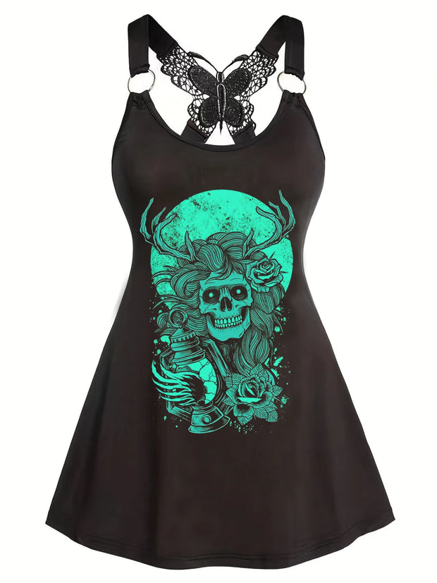 Wicked Skull Girl Print Butterfly Sling Slim Fit Dress