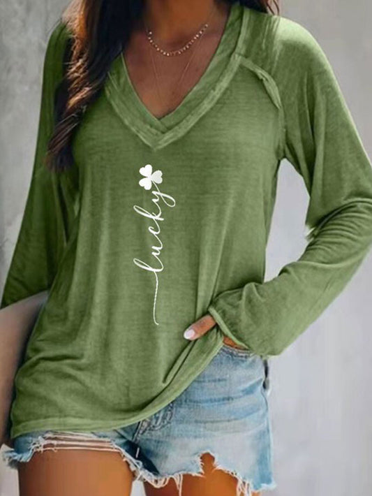 V-Neck Trefoil Print Long Sleeve T-Shirt