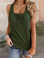 U-neck Sleeveless Solid Color Button Tank Top