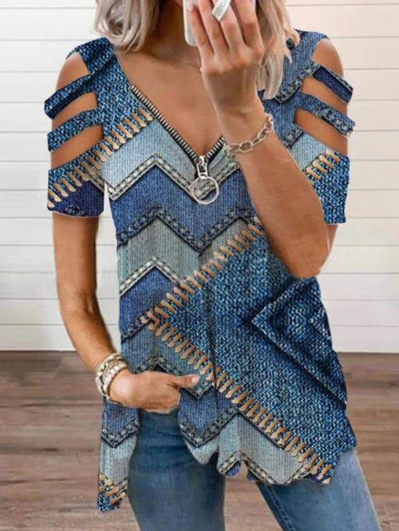 Blue Print Zipper Strapless Short-sleeved Top