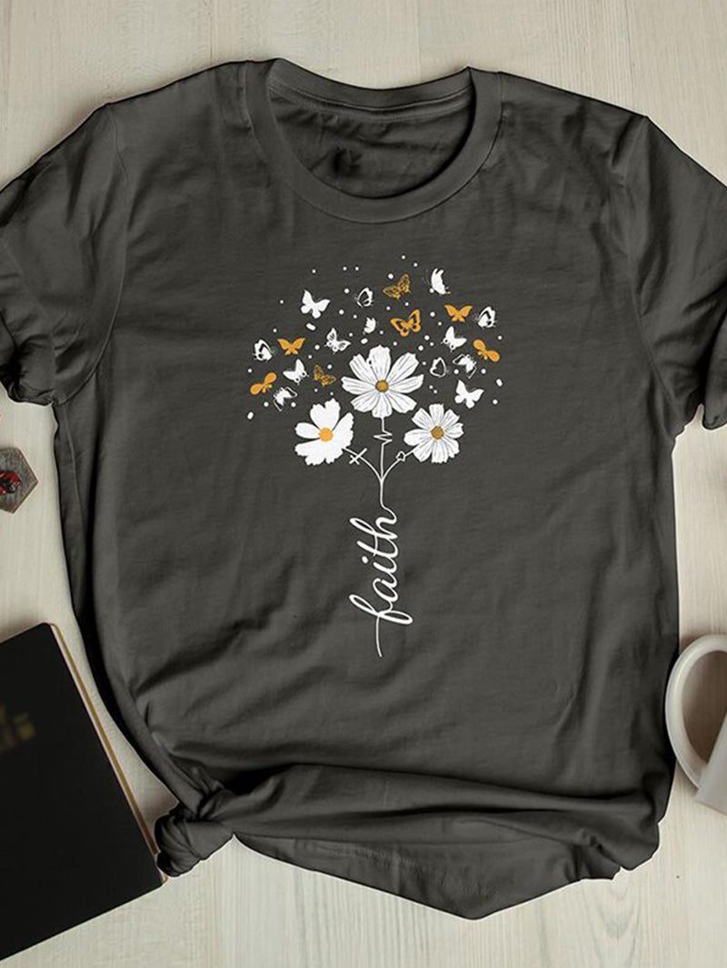 T-shirt manches courtes imprimé papillons et marguerites 