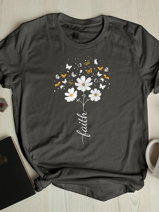 T-shirt manches courtes imprimé papillons et marguerites 