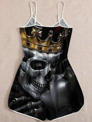 Skull Printed Punk Suspender Romper