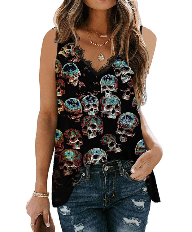 Gothic Skull Style Printed Lace Stitching Vest