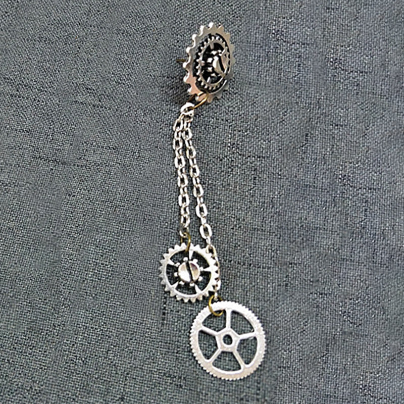 Steampunk Long Chain Gears Single Drop Earring