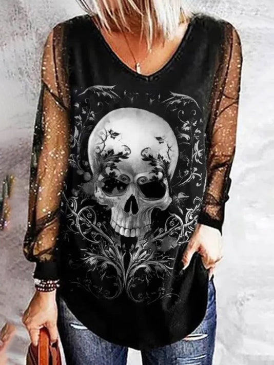 Skull Print Long Sleeve Shirt Tops Pullover