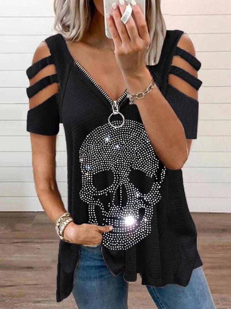 Women's Cotton Skull Print Cold Shoulder Shirt