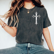 Gothic Cross Print Washed Distressed T-shirt